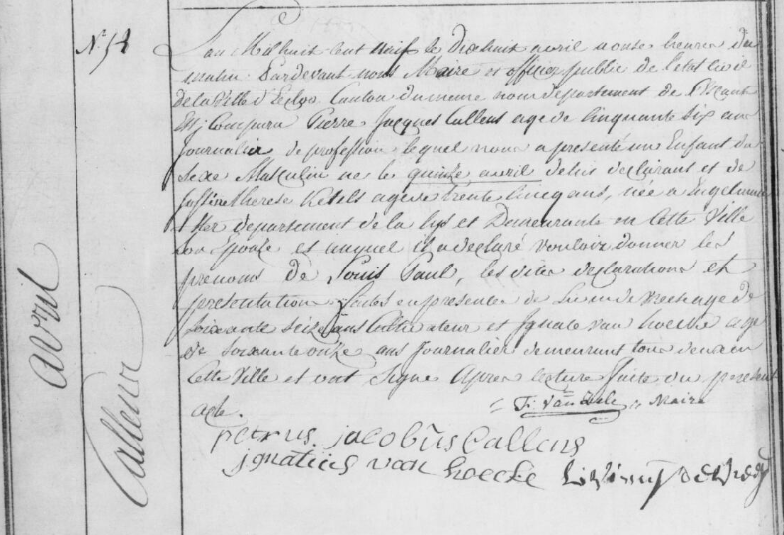 Acte de naissance de Louis Paul Léopold CALLENS