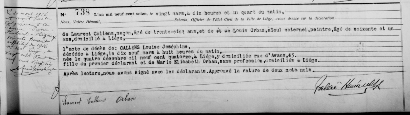 Document de décès de Louise Joséphine CALLENS