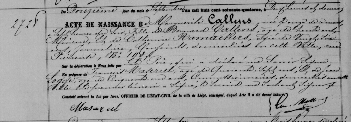 Acte de naissance de Marguerite CALLENS
