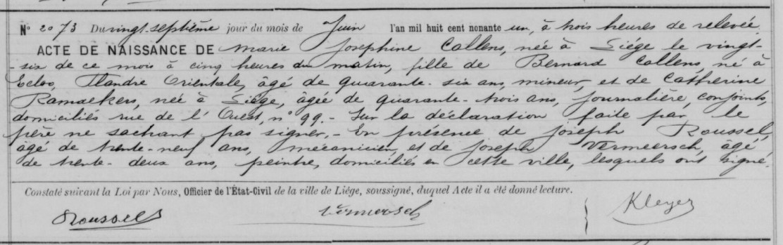 Acte de naissance de Marie Josephine CALLENS