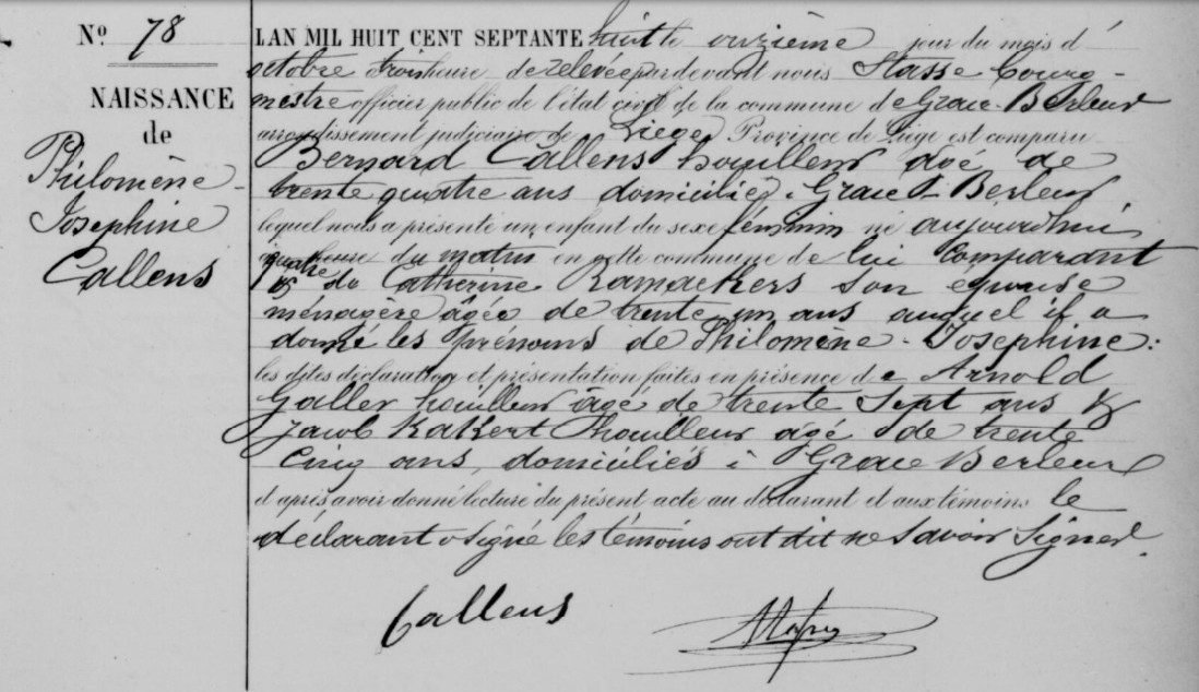 Acte de naissance de Philomène Joséphine CALLENS