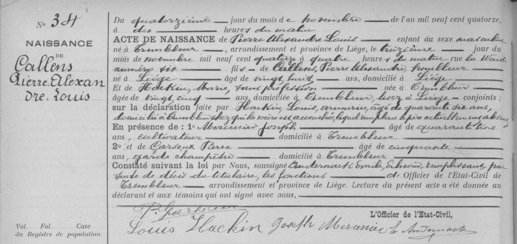 Acte de naissance de Pierre, Alexandre, Louis CALLENS