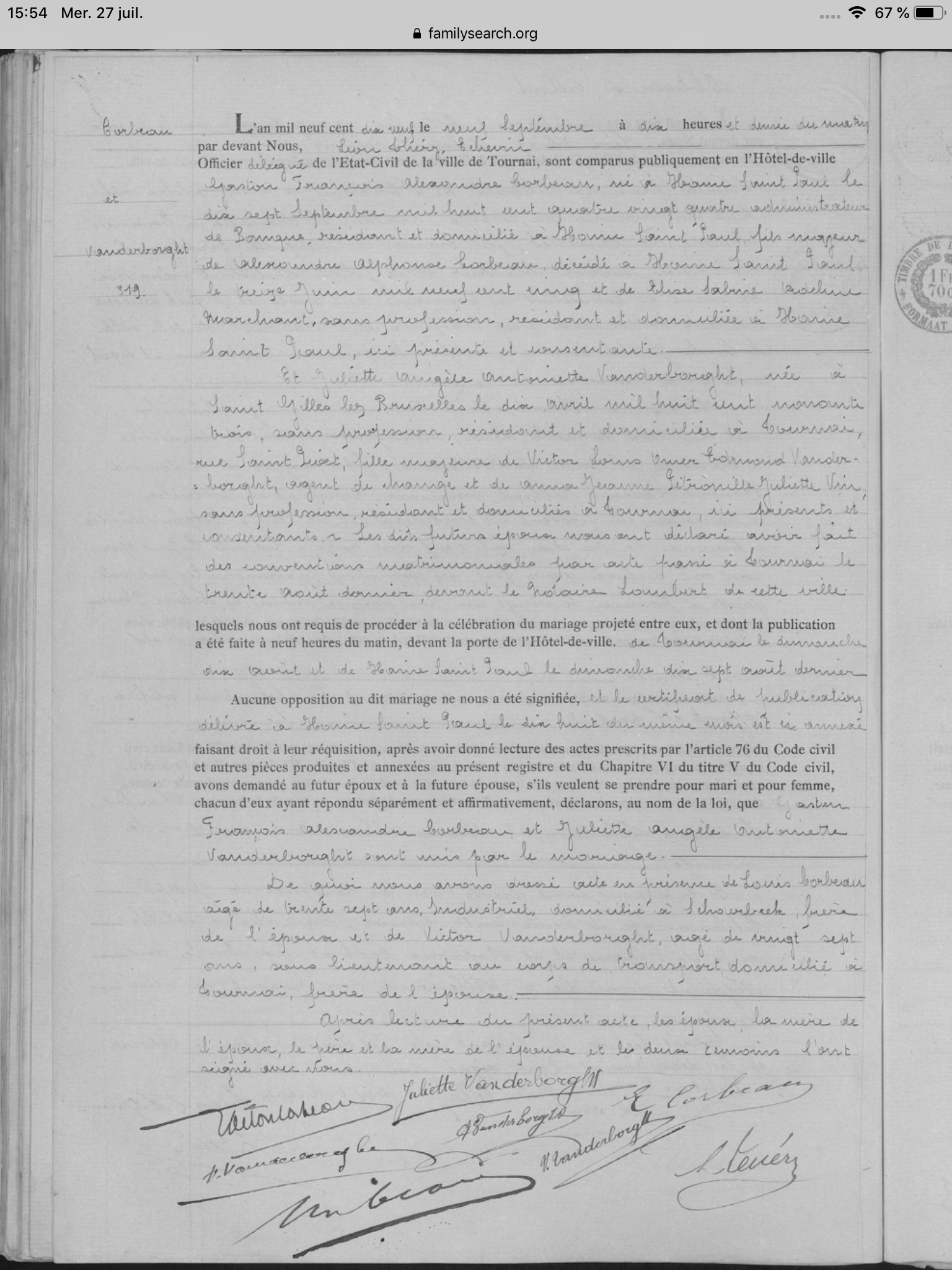 Document numérisé de mariage