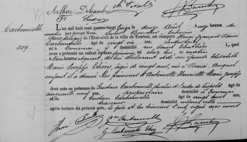 Acte de naissance de Antoinette Henriette Marie Josephe CARBONNELLE (**)