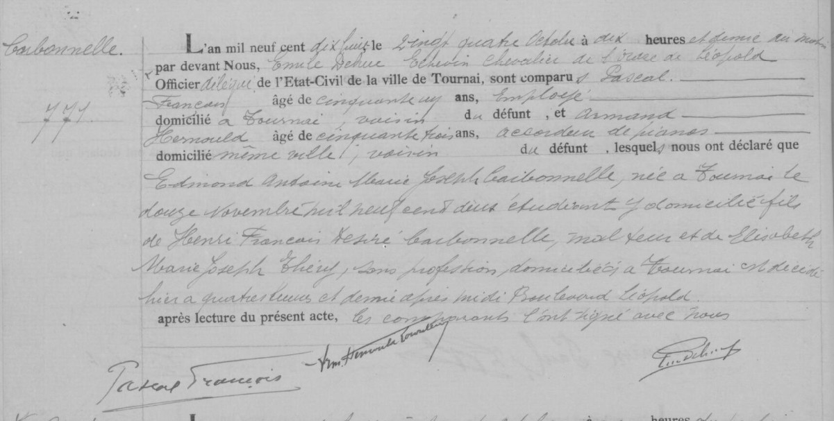 Document de décès de Edmond, Antoine, Marie, Joseph CARBONNELLE (**)
