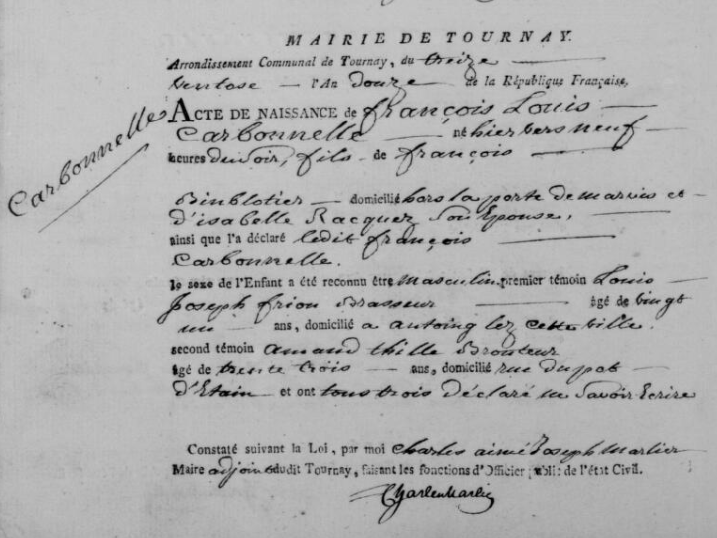 Acte de naissance de François Louis CARBONNELLE