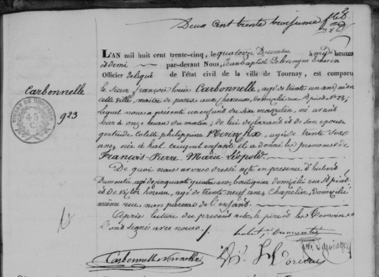 Acte de naissance de François Pierre Marie Léopold CARBONNELLE