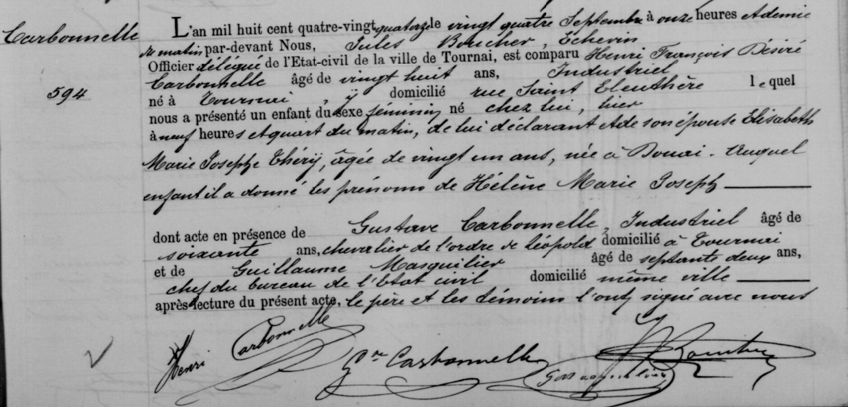 Acte de naissance de Hélène Marie Joseph CARBONNELLE (**)