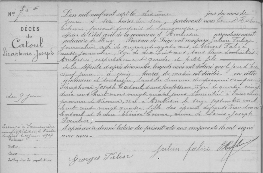 Document de décès de Séraphine Joseph CATOUL