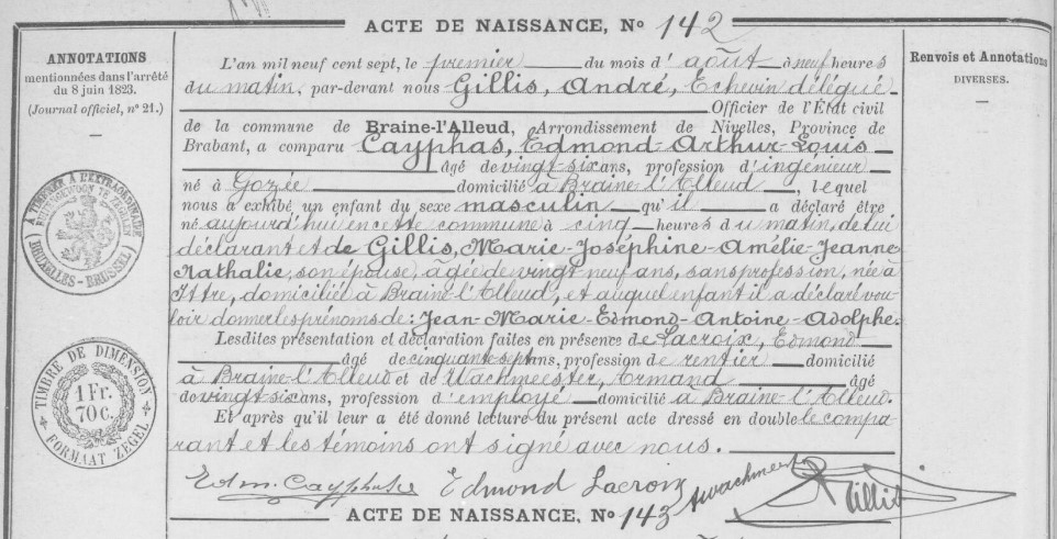 Acte de naissance de Jean Marie Edmond Antoine Adolphe CAYPHAS