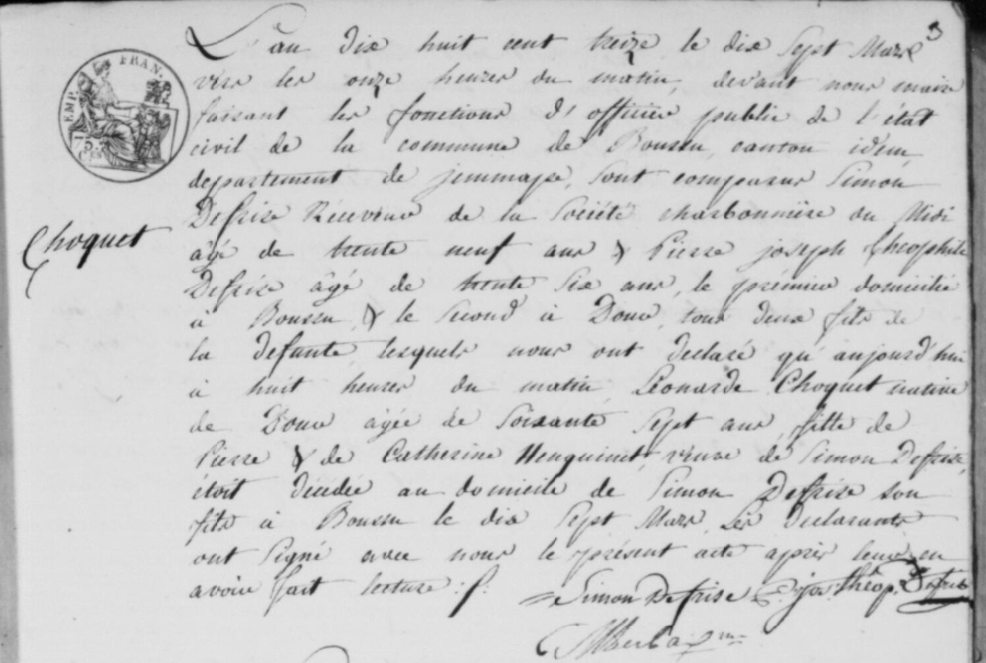 Acte de naissance de Leonarde CHOQUET