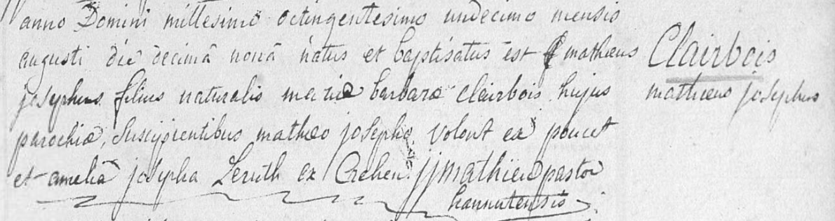 Acte de naissance de Mathieu Joseph CLAIRBOIS