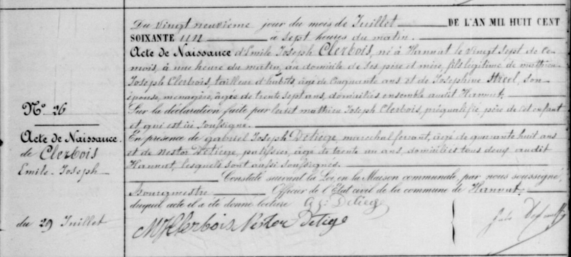 Acte de naissance de Emile Joseph CLERBOIS