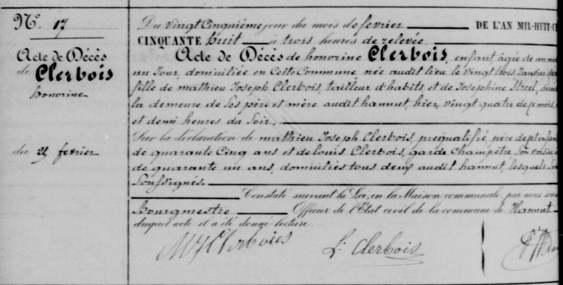 Document de décès de Honorine CLERBOIS