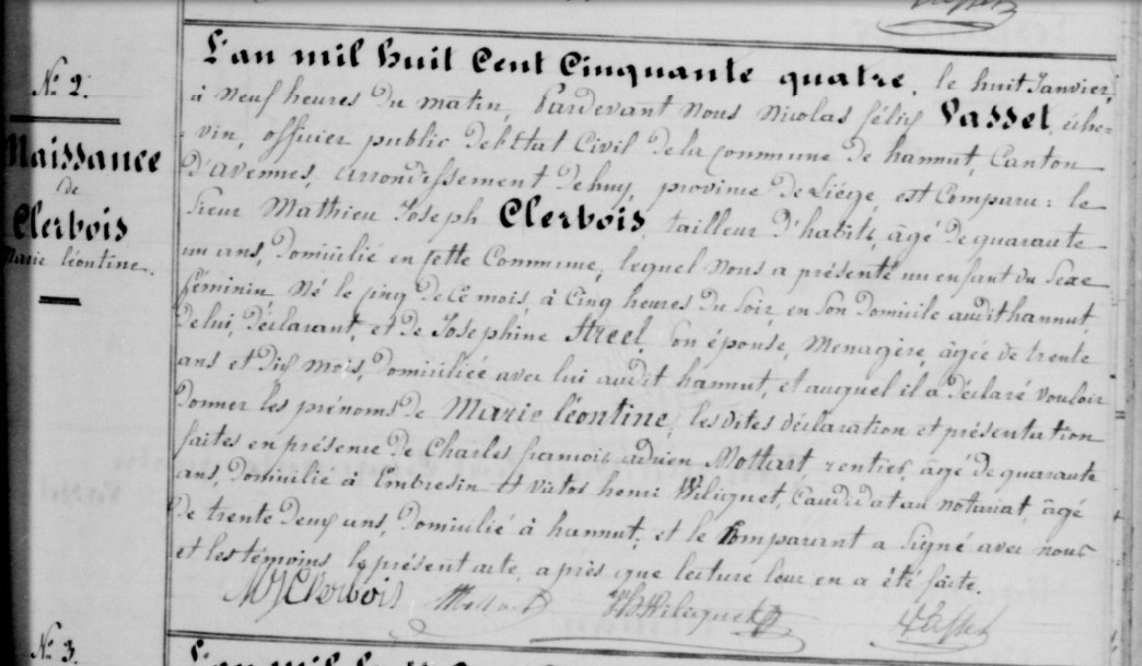 Acte de naissance de Marie Léontine CLERBOIS