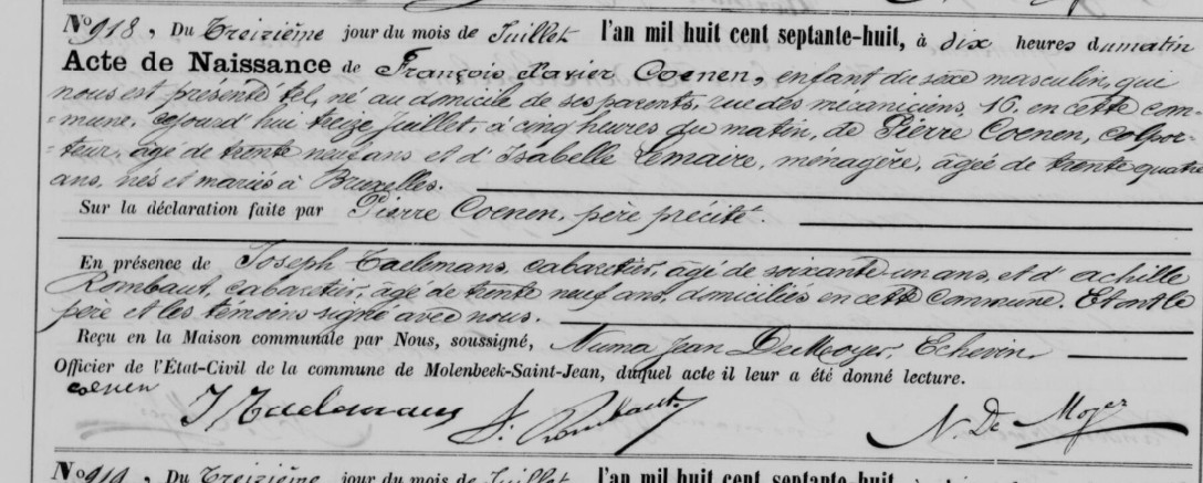 Acte de naissance de François Xavier COENEN