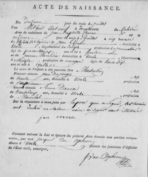 Acte de naissance de Jean Baptiste COENEN