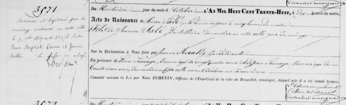 Acte de naissance de Pierre COENEN (Né Sallé)