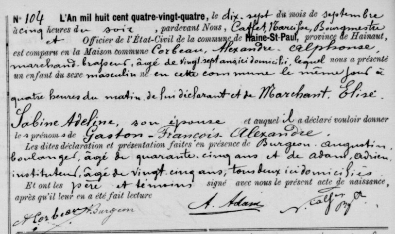 Acte de naissance de Gaston Francois Alexandre CORBEAU
