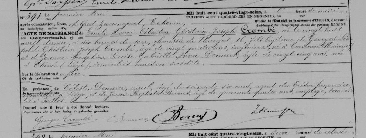 Acte de naissance de Emile Henri Célestin Ghislain Joseph CROMBE