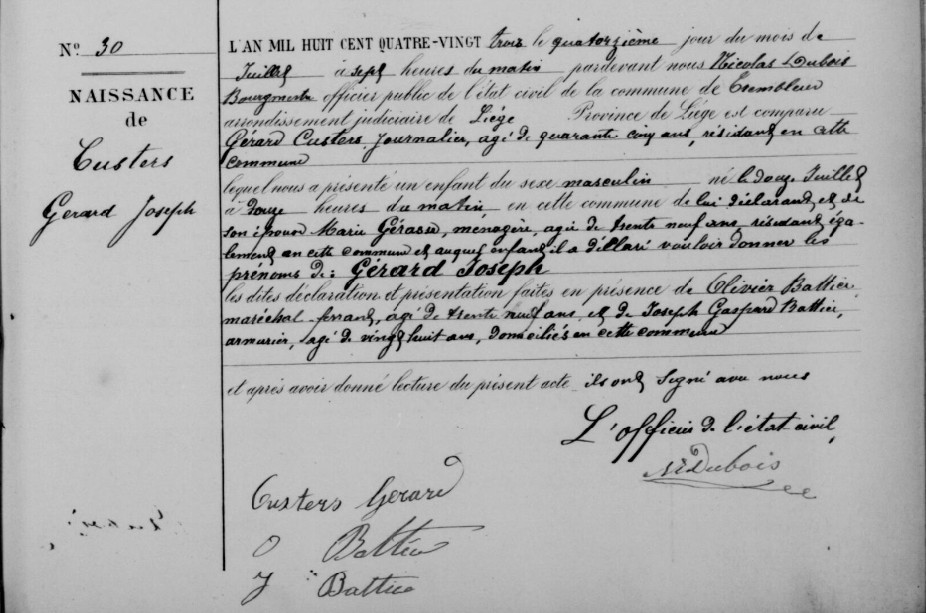 Acte de naissance de Gerard Joseph CUSTERS