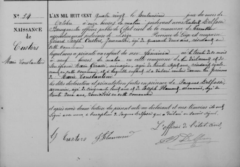 Acte de naissance de Marie Constantine CUSTERS
