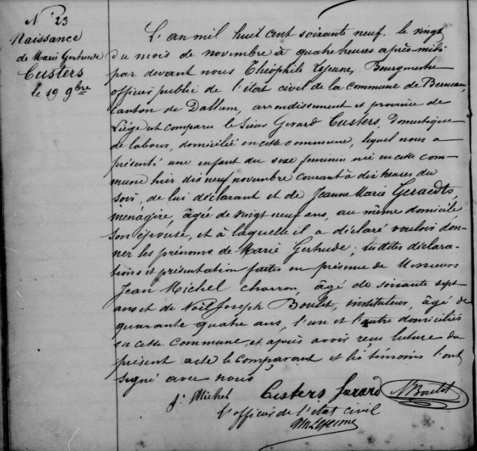 Acte de naissance de Marie Gertrude CUSTERS