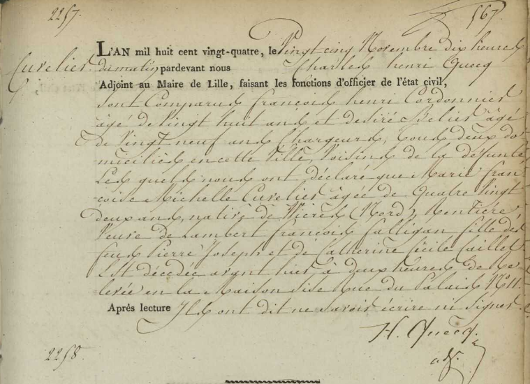 Document de décès de Marie Françoise Michelle CUVELIER