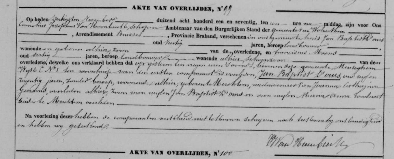 Document de décès de Joannes Baptista D'OURS 