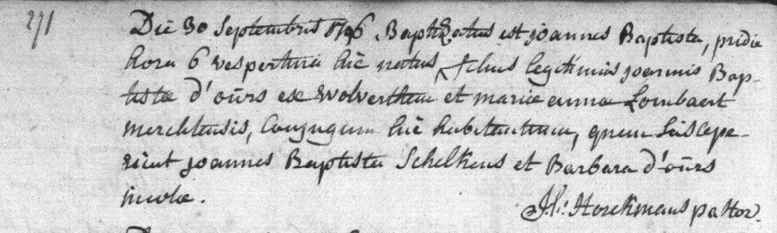 Acte de naissance de Joannes Baptista D'OURS 