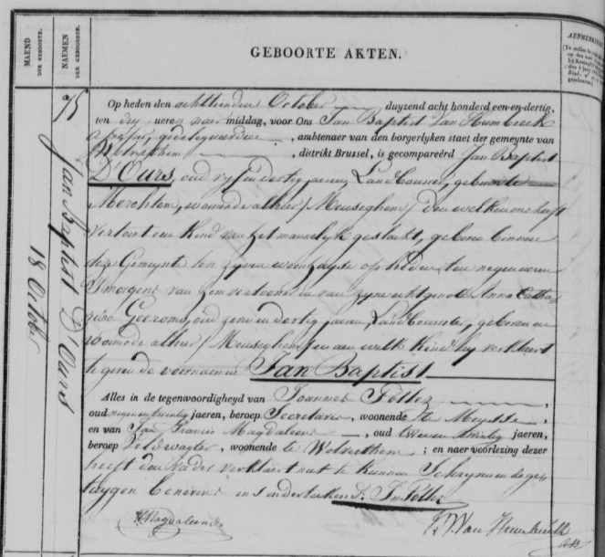 Acte de naissance de Jean Baptist D'OURS 