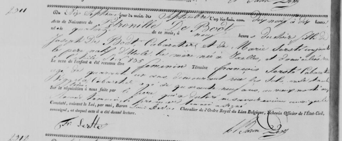 Acte de naissance de Petronille DE BODT