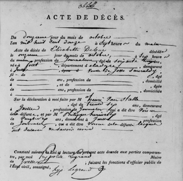 Document de décès de Elisabeth DE BUE