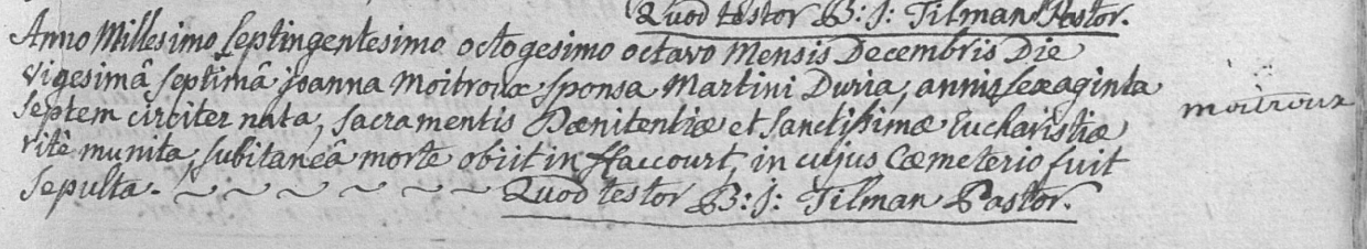 Document de décès de jeanne De MOITROUX