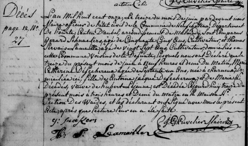Document de décès de Marie Catherine DEFECHEREUX