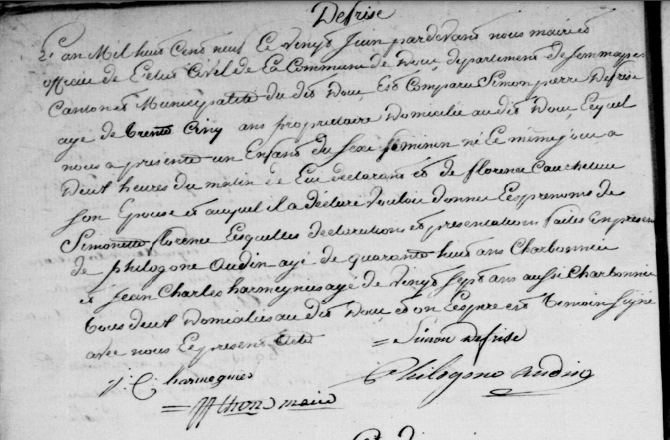 Acte de naissance de Simonette Florence DEFRISE