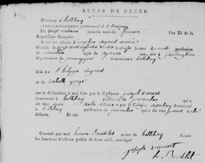 Document de décès de Marie Angélique DEGAND