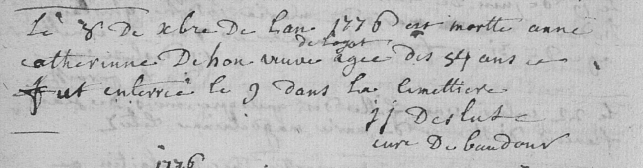 Document de décès de Anne Marie Catherine DEHON