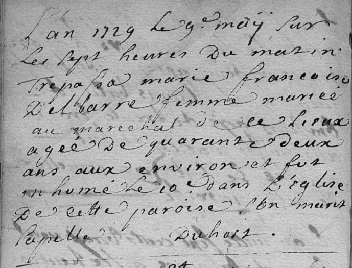 Document de décès de Marie Françoise DELBART (Delbare)