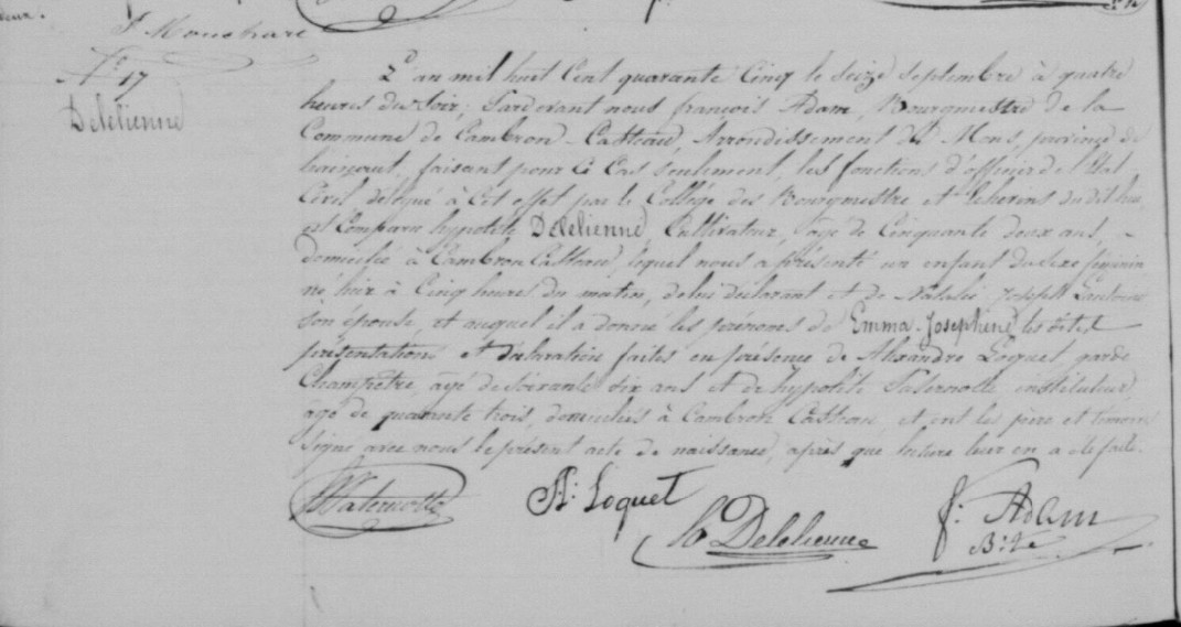 Acte de naissance de Emma Josephine DELELIENNE