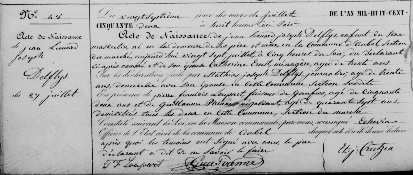 Acte de naissance de Jean Leonard Joseph DELFLYS