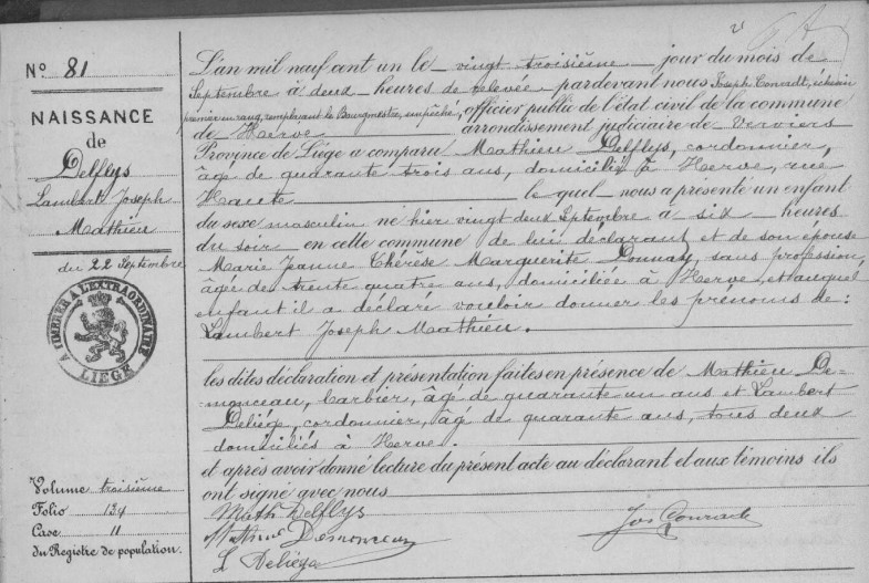 Acte de naissance de Lambert Joseph Mathieu DELFLYS