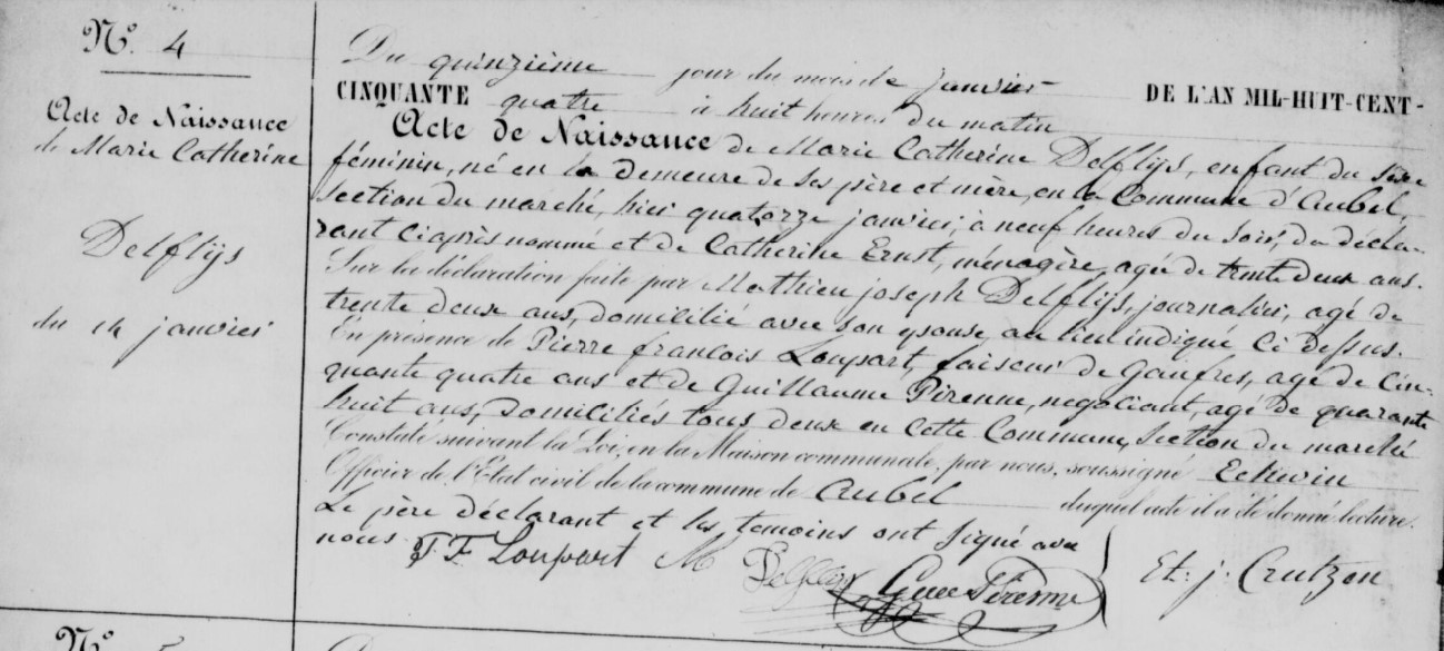 Acte de naissance de Marie Catherine DELFLYS