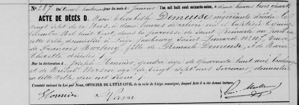 Acte de naissance de Marie Elisabeth DEMEUSE