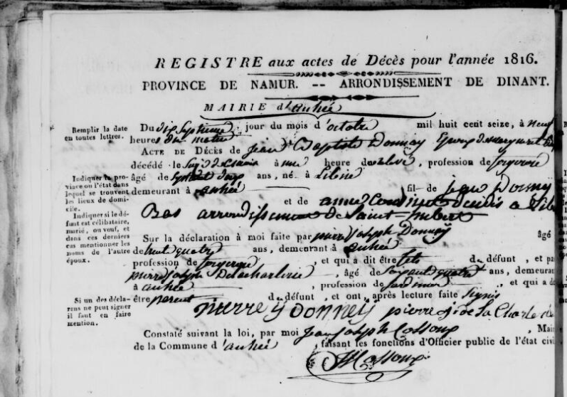 Document de décès de Jean Baptiste DONNAY