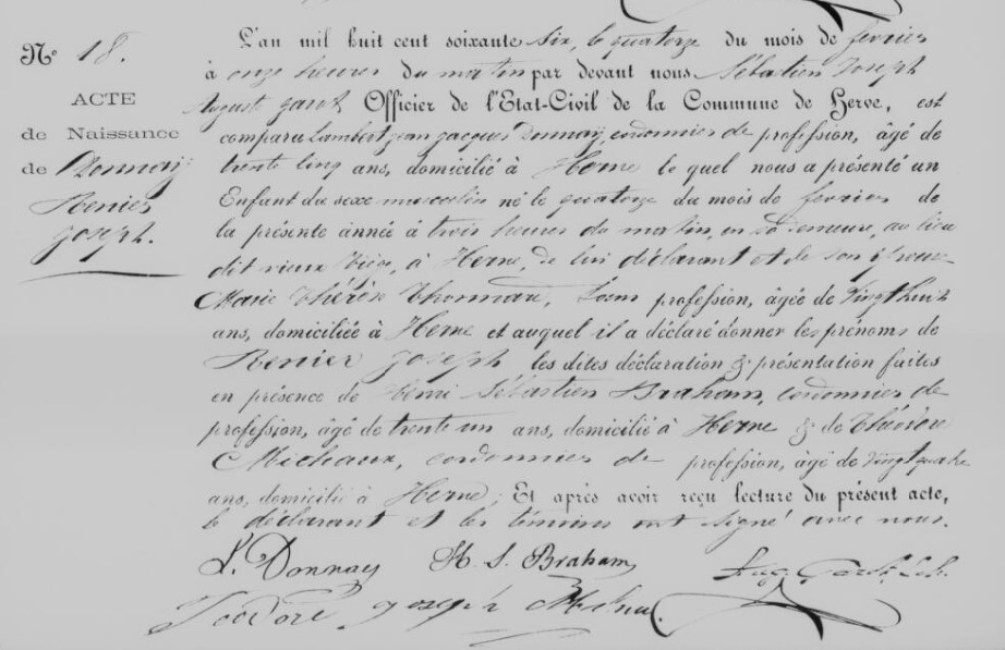 Acte de naissance de Renier Joseph DONNAY