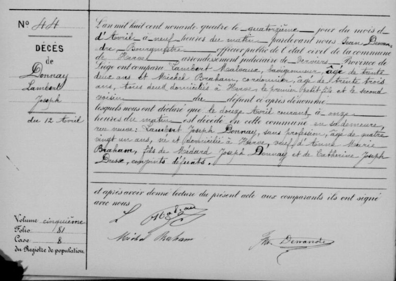 Document de décès de Lambert Joseph DONNAY