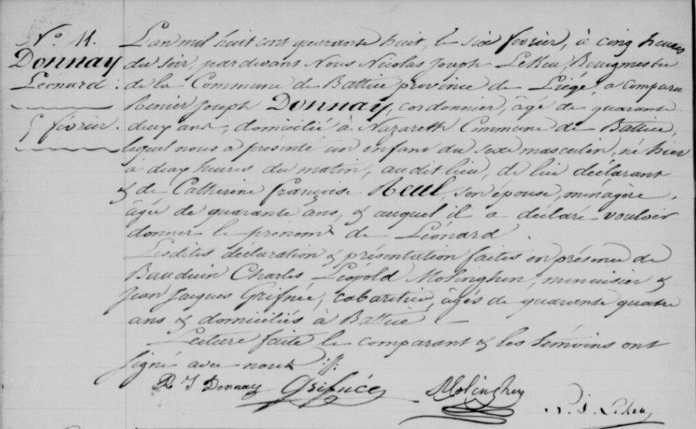 Acte de naissance de Léonard DONNAY