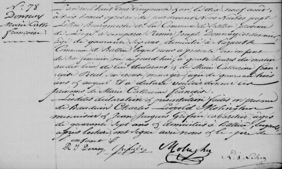 Acte de naissance de Marie Catherine Françoise DONNAY