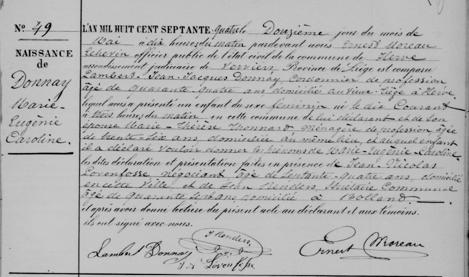 Acte de naissance de Marie Eugénie Caroline DONNAY